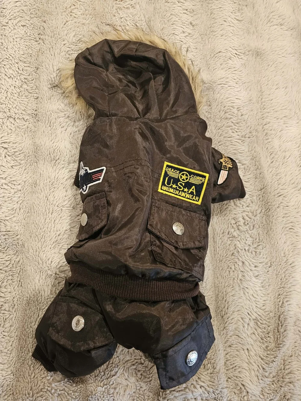 Kids Brown Hooded Flight-Style Jacket with Patches